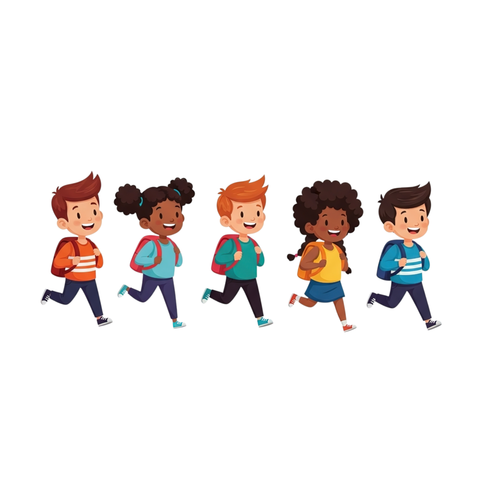 Diverse group of happy cartoon children running together with backpacks isolated on transparent background png