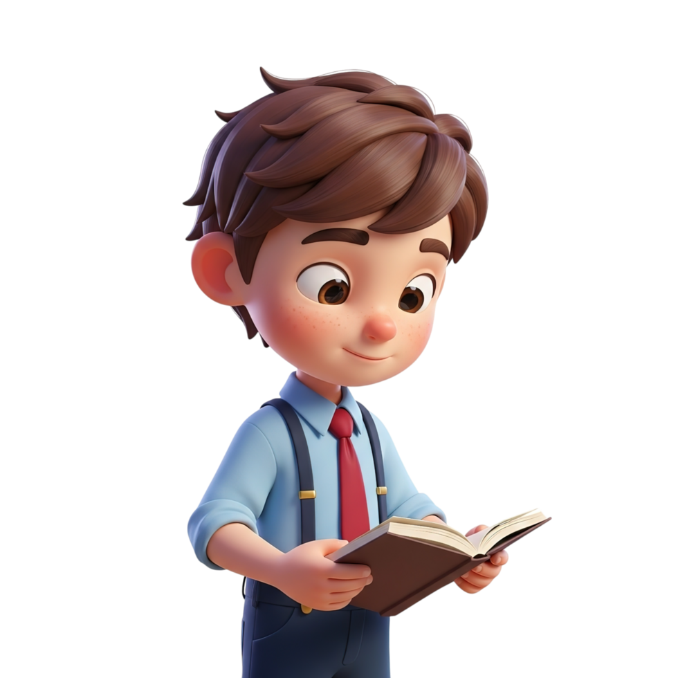 Charming cartoon boy character reading an open book with a focused expression isolated on transparent background png