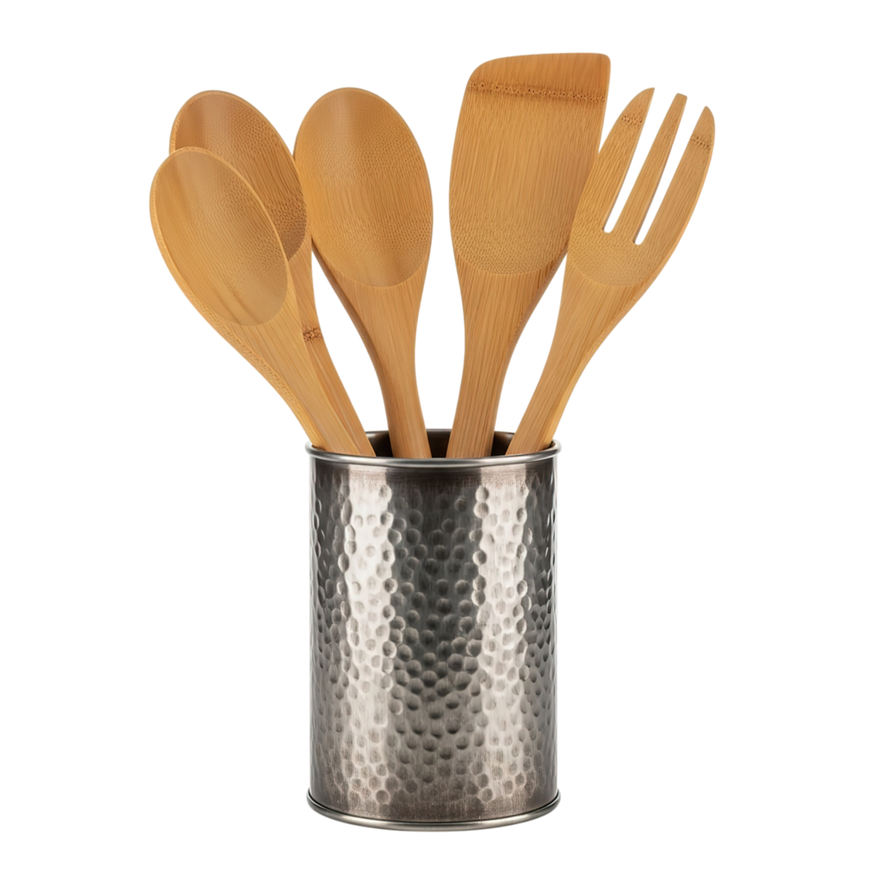 A set of wooden kitchen utensils including spoons and a fork displayed in a hammered metal utensil holder isolated on transparent background png