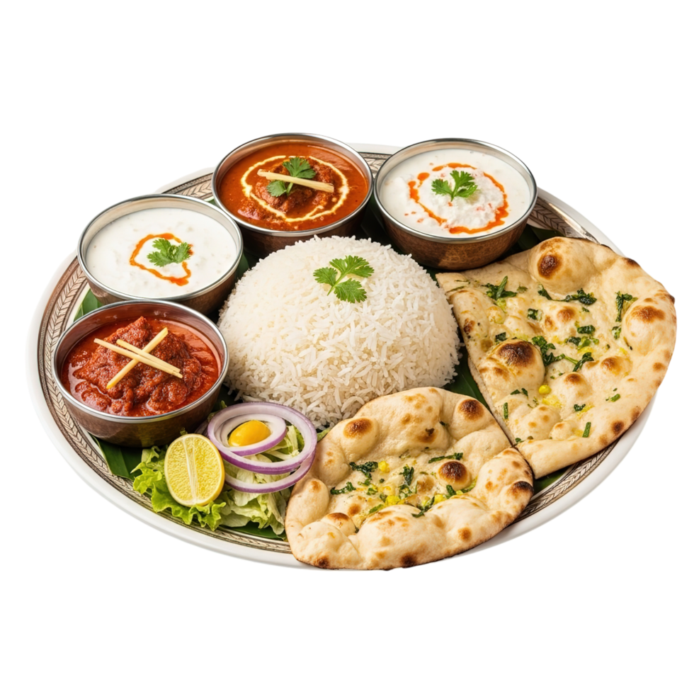 Delicious indian thali meal featuring rice curries naan bread and yogurt sauces isolated on transparent background png