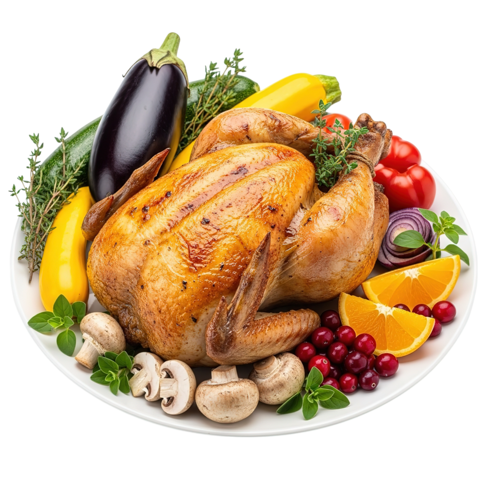 Delicious roasted whole chicken served with fresh vegetables and fruits on a white plate isolated on transparent background png