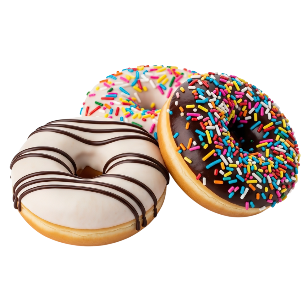 Three delicious donuts with colorful sprinkles and chocolate glaze isolated on transparent background png