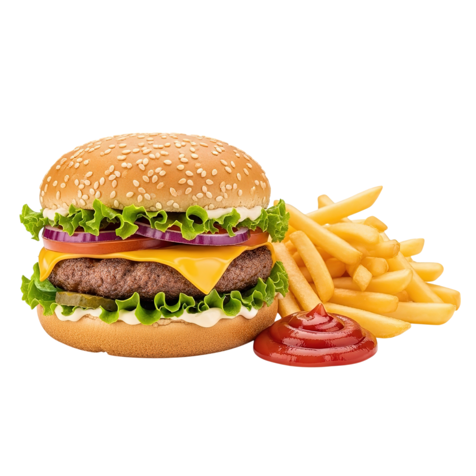 Juicy gourmet cheeseburger with crispy golden french fries and ketchup isolated on transparent background png
