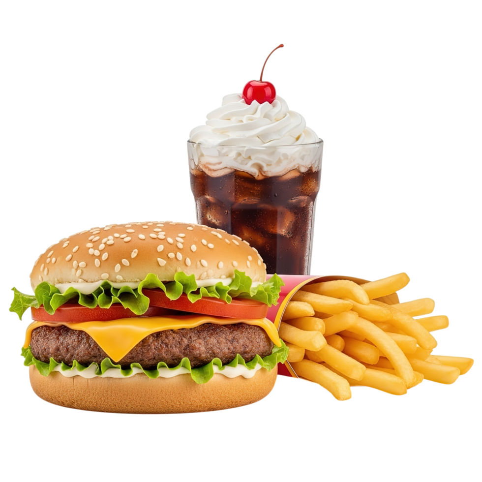 Classic american fast food meal featuring a juicy cheeseburger crispy french fries and a cherry topped soda float isolated on transparent background png