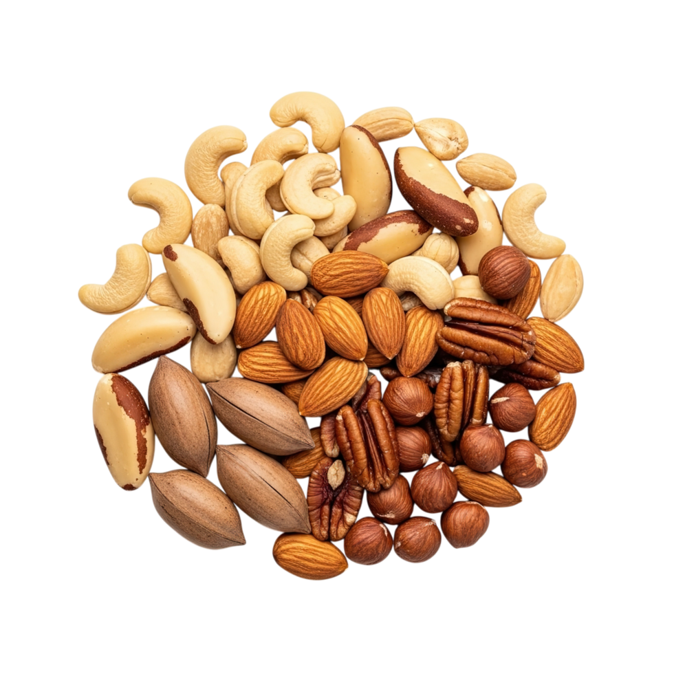 A healthy assortment of mixed nuts including cashews almonds pecans and hazelnuts isolated on transparent background png