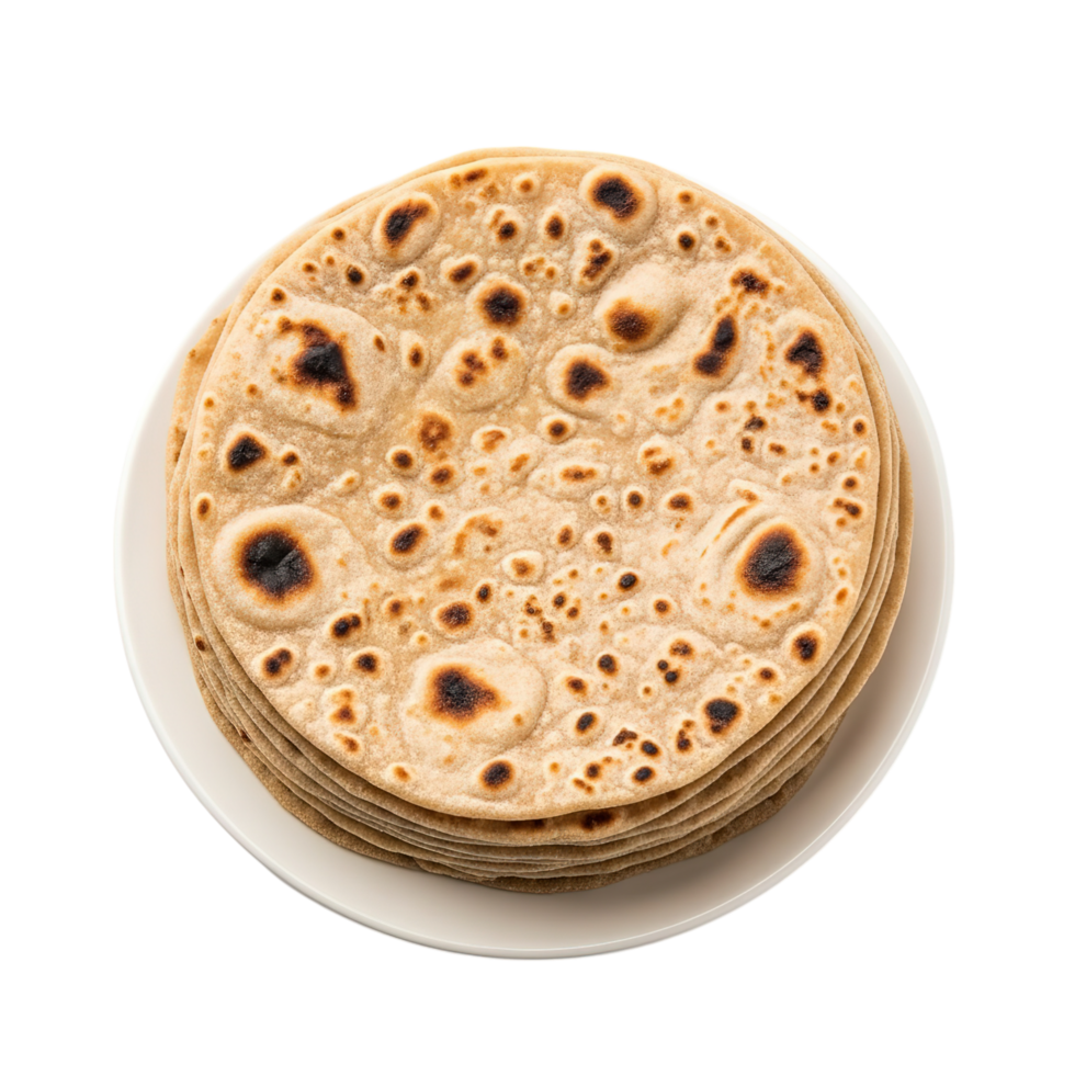A stack of freshly made indian chapati flatbreads with golden brown spots on a white plate isolated on transparent background png