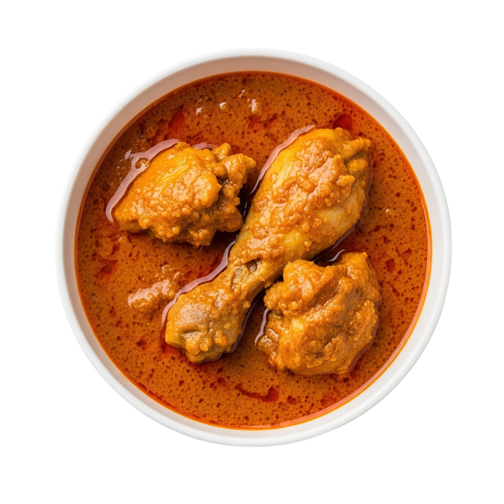 Delicious chicken curry served in a white bowl with rich orange sauce isolated on transparent background png