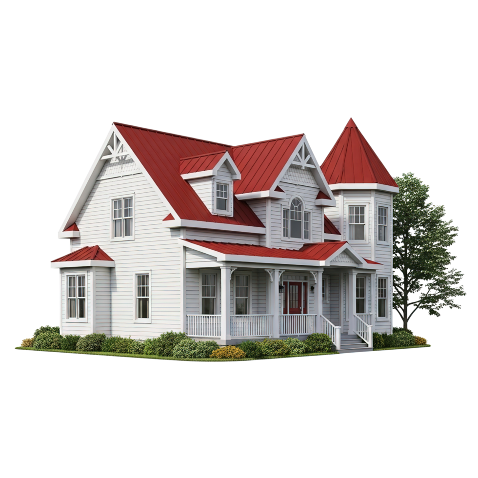 Charming victorian style white house with red roof and greenery isolated on transparent background png