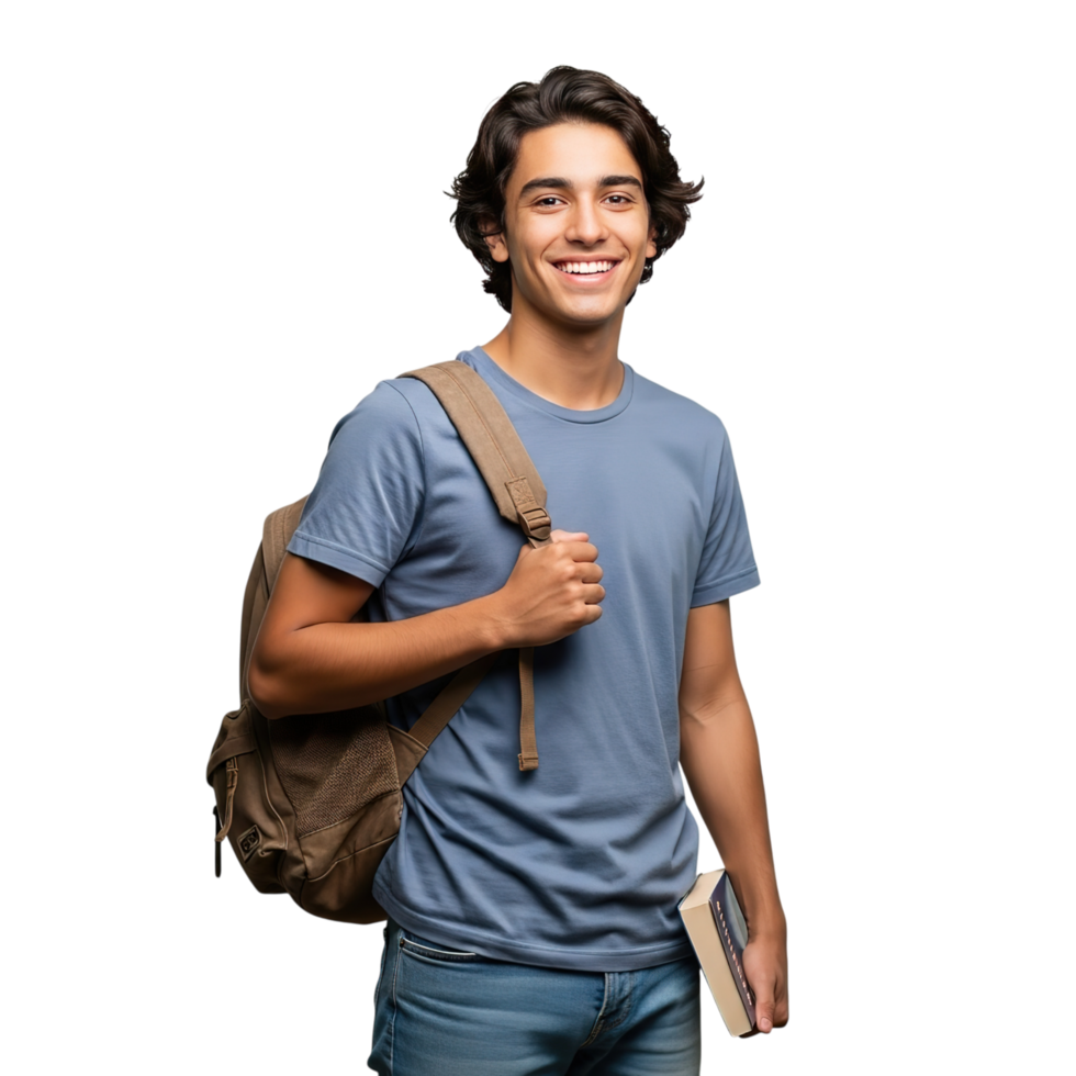 Young smiling male student with a backpack and book stands confidently isolated on transparent background png