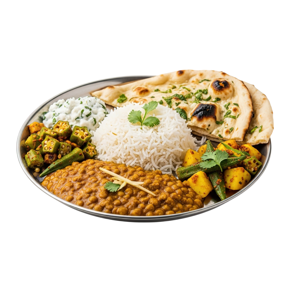 Delicious indian thali meal featuring rice lentils vegetables and naan bread isolated on transparent background png