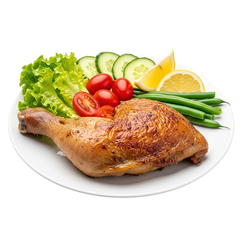 Deliciously roasted chicken leg quarter served with fresh garden vegetables and lemon wedge isolated on transparent background png