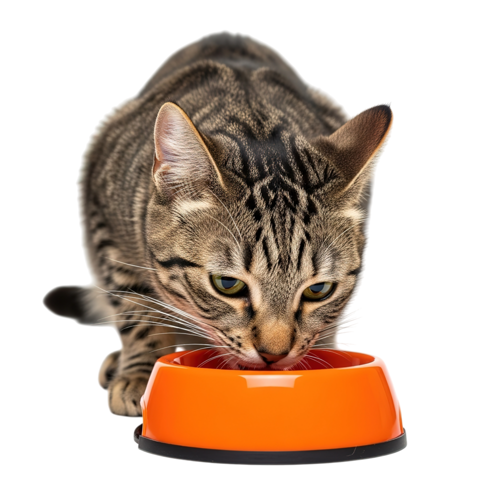 A tabby cat eating from an orange bowl isolated on transparent background png