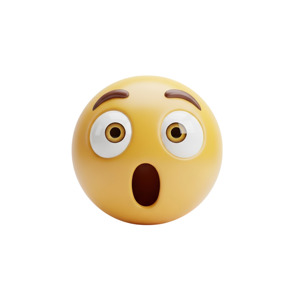 A 3d rendered yellow emoji ball with wide eyes and an open mouth expressing shock or surprise against a plain white background png