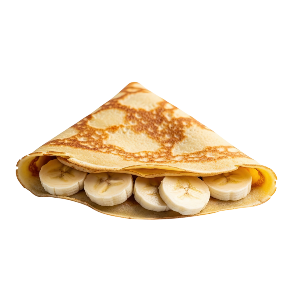 A deliciously folded crepe filled with freshly sliced banana pieces against a clean white background png