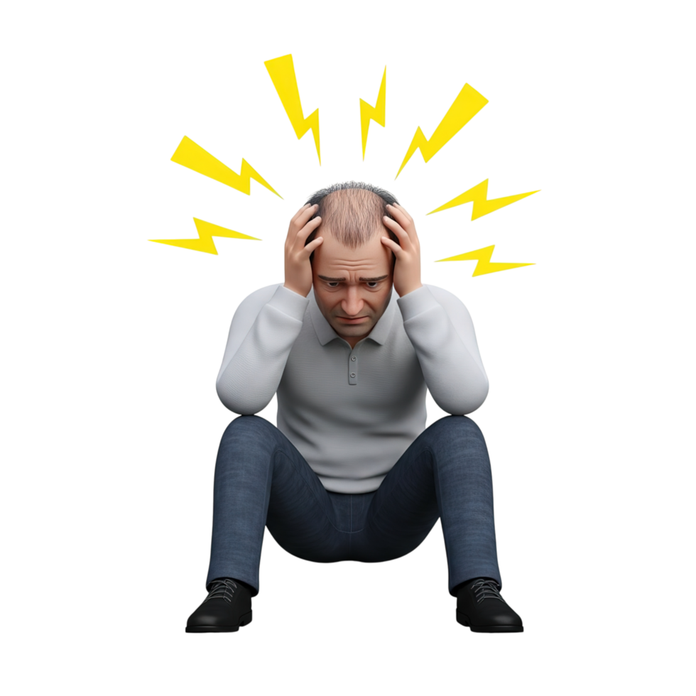 Man experiencing intense headache with yellow lightning bolts radiating from his head against a white background png