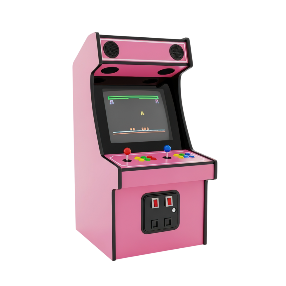 A vibrant pink retro arcade cabinet with a classic game displayed on its screen png