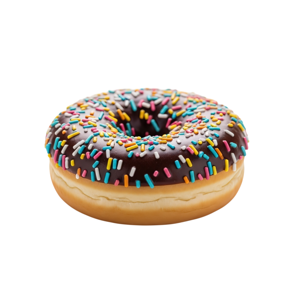 A delicious chocolate frosted donut covered in colorful sprinkles on a white background png