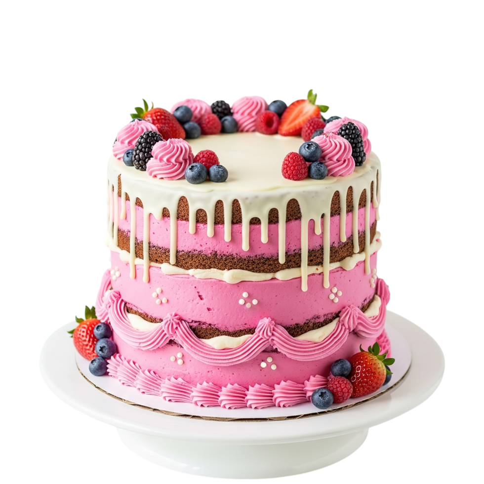 A beautiful two tier naked cake adorned with vibrant pink frosting fresh berries and delicate white drip icing png