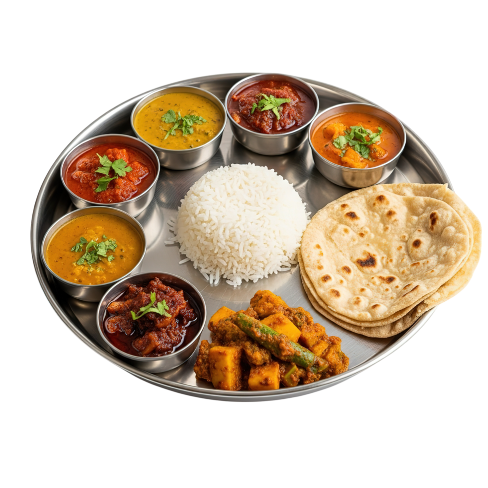 A vibrant indian thali meal featuring a variety of curries rice and flatbreads served on a traditional metal platter png