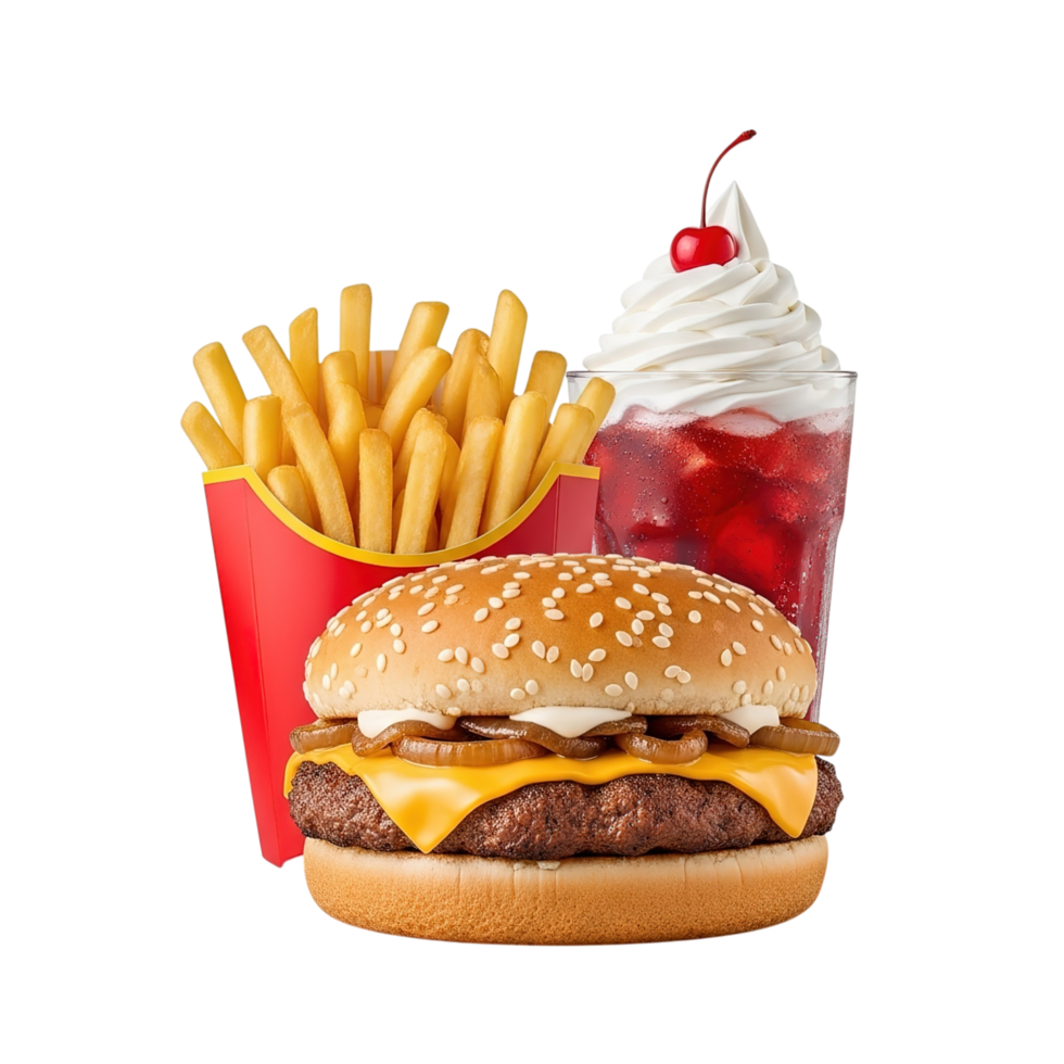 Classic american fast food meal featuring a juicy cheeseburger crispy golden fries and a cherry topped soda png
