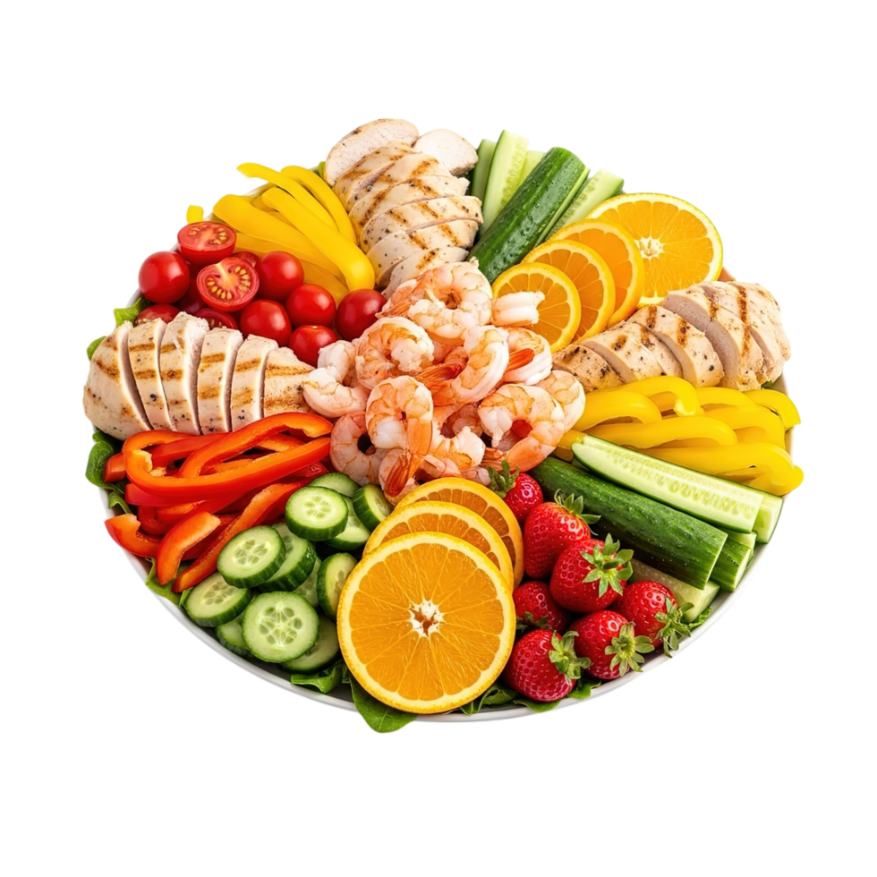 Vibrant and fresh seafood and vegetable platter featuring grilled chicken shrimp oranges and berries png
