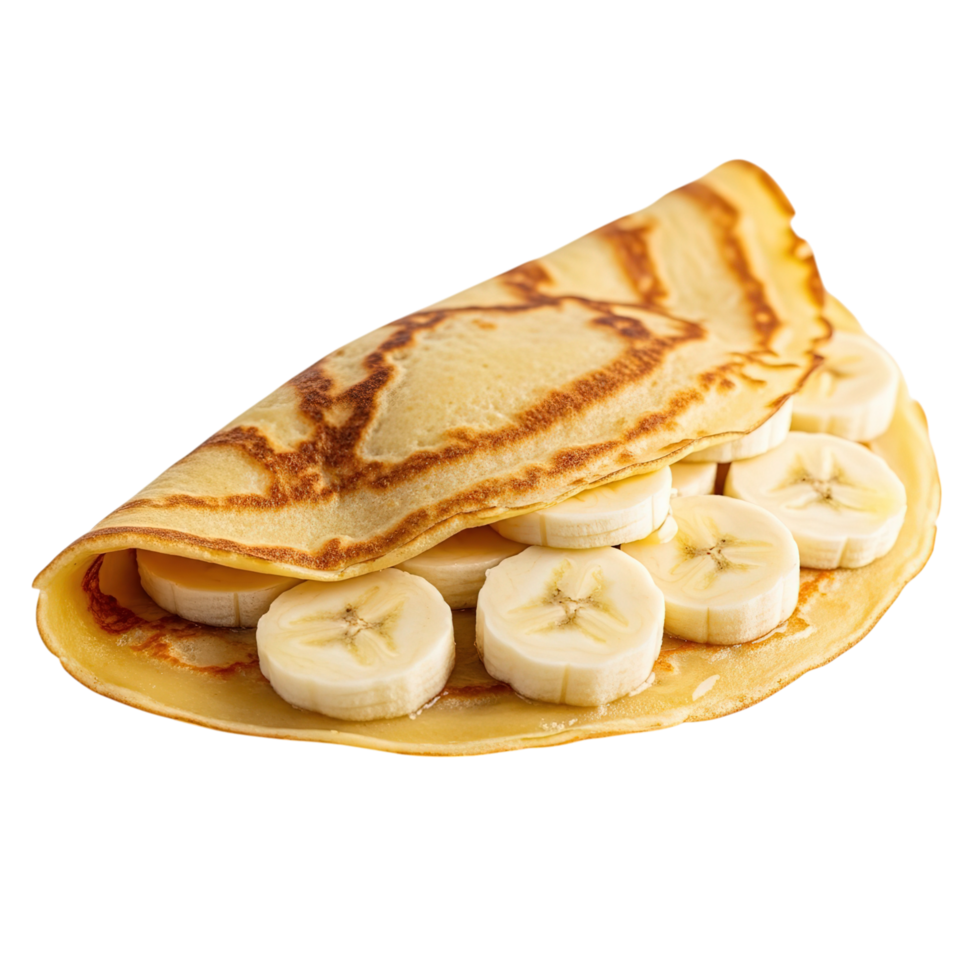 A delicious golden brown crepe folded in half filled with freshly sliced sweet bananas on a white background png