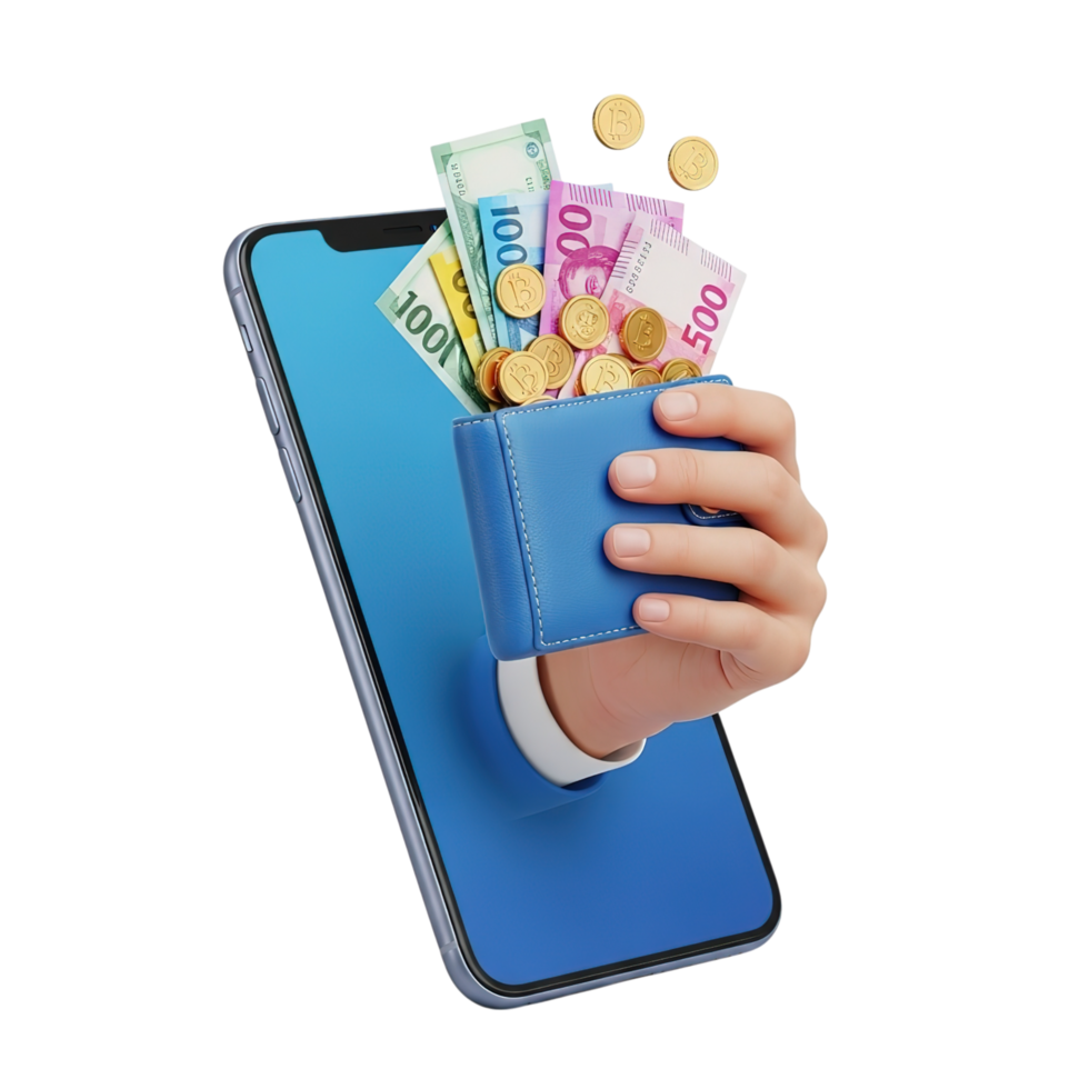 Hand emerges from smartphone screen holding a wallet overflowing with cash and coins symbolizing digital wealth and financial transactions png