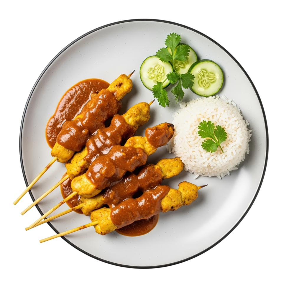 Delicious chicken satay skewers served with fluffy white rice and fresh cucumber slices on a white plate png
