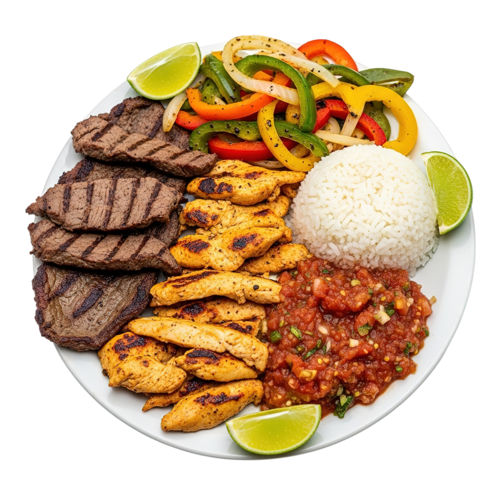 A delicious platter featuring grilled steak chicken rice salsa and saut ed peppers and onions png