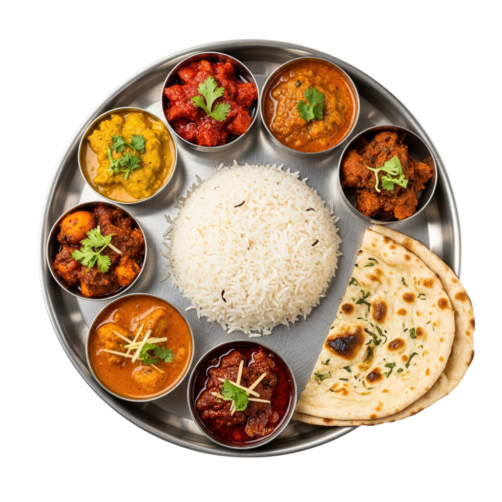 A vibrant indian thali showcasing a variety of delicious curries fluffy rice and warm naan bread a complete meal experience png