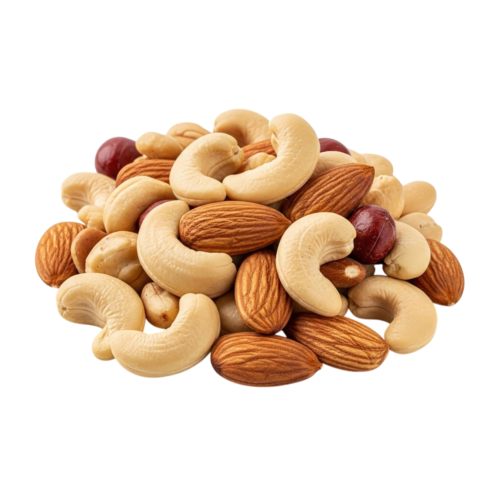 A vibrant assortment of healthy mixed nuts including cashews almonds and hazelnuts piled high on a clean white background png