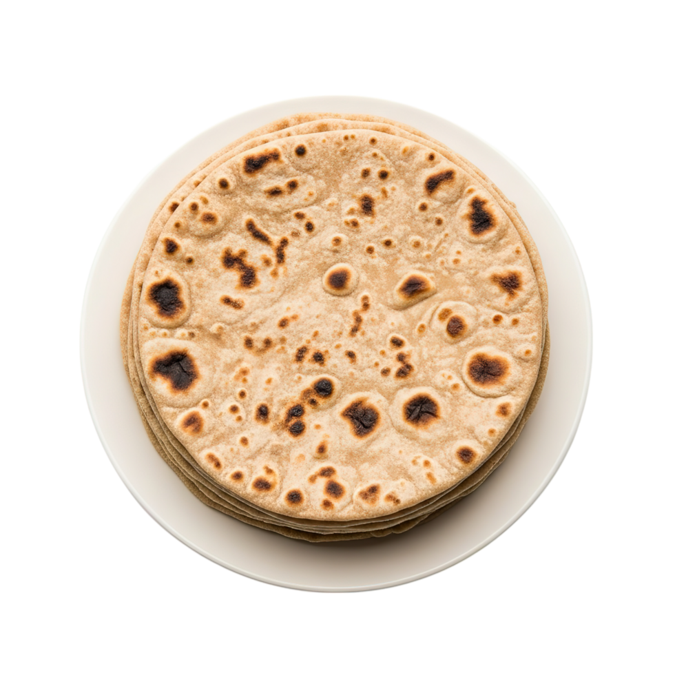 A stack of freshly made golden brown whole wheat rotis or chapatis served on a white plate against a clean white background png