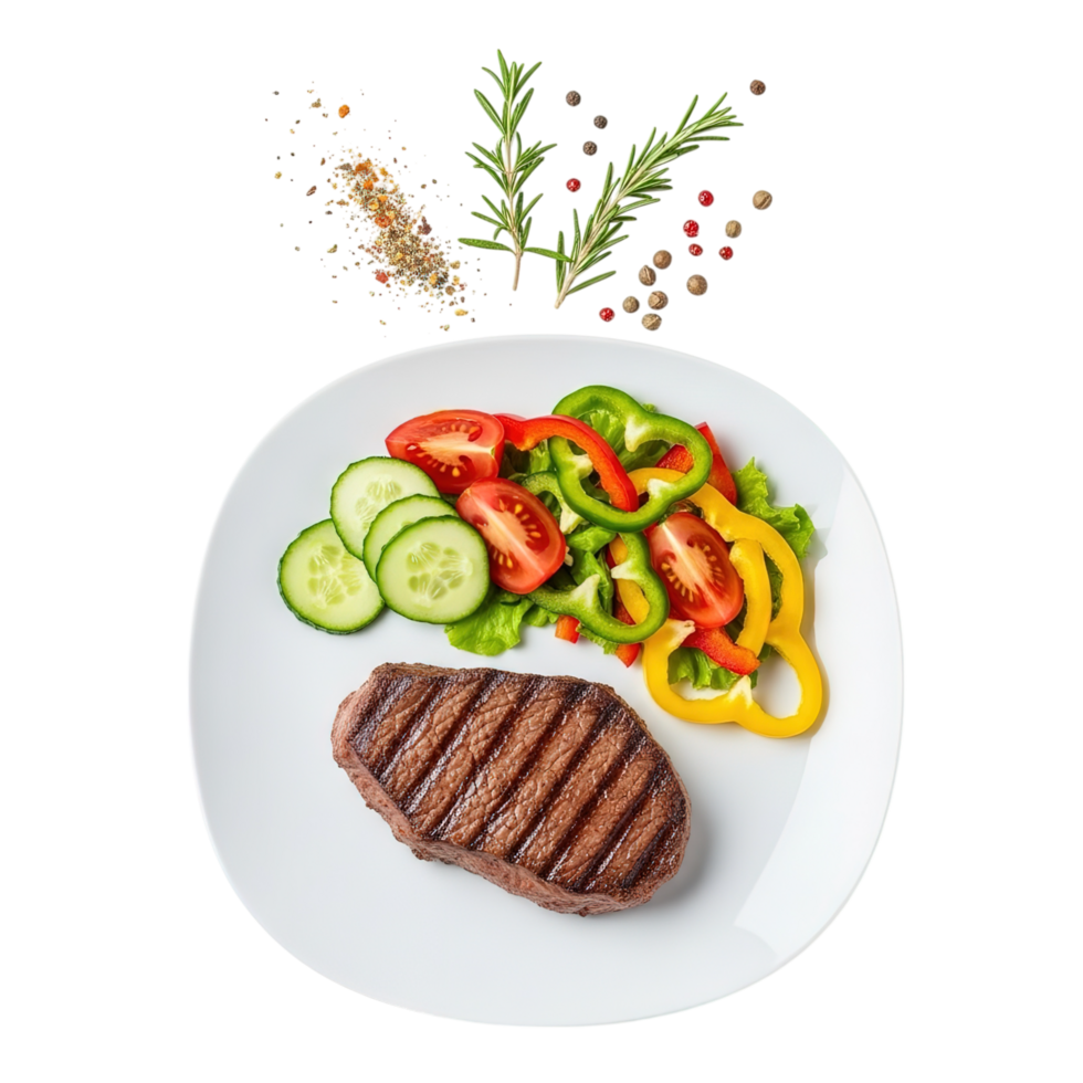 Delicious grilled steak served with a fresh colorful salad and garnished with herbs and spices png