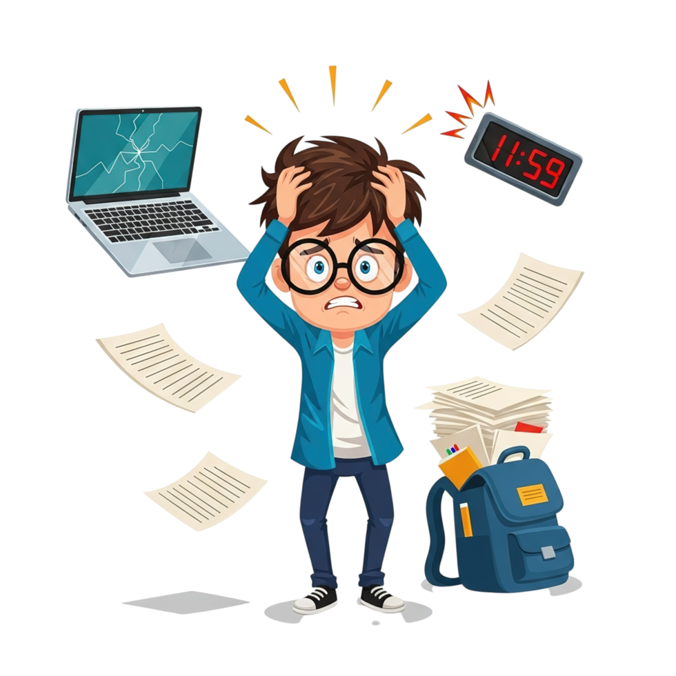 Overwhelmed student struggling with deadlines and workload surrounded by scattered papers and a laptop png
