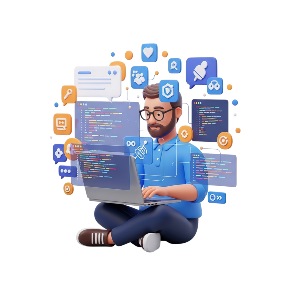 Creative coder immersed in digital world surrounded by social media icons and code screens png