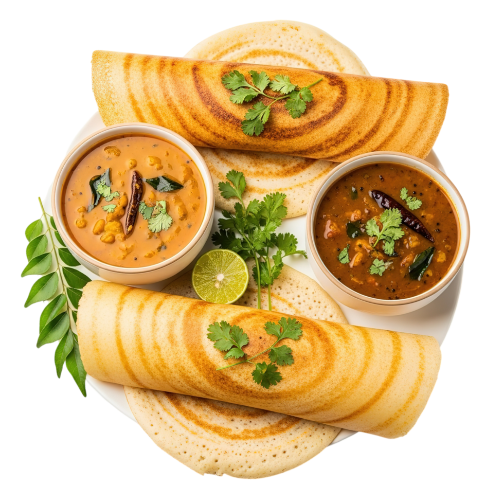 Delicious south indian breakfast spread featuring crispy dosas served with sambar and chutney png