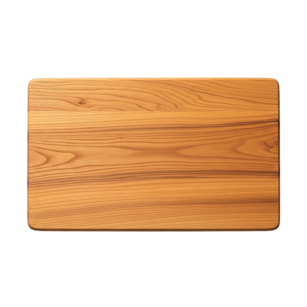 A simple rectangular wooden cutting board with visible grain and texture isolated on a clean white background png