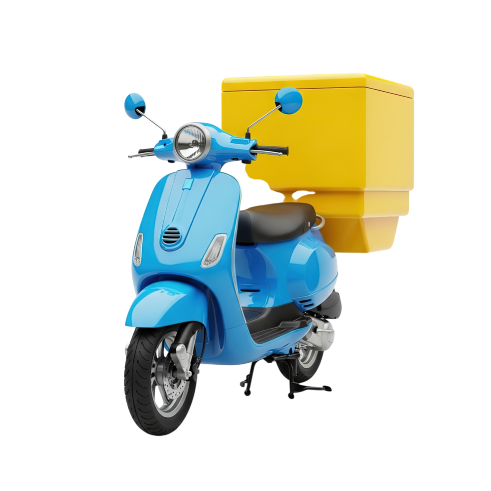 Bright blue retro style scooter with a large yellow delivery box on the back isolated on transparent background png