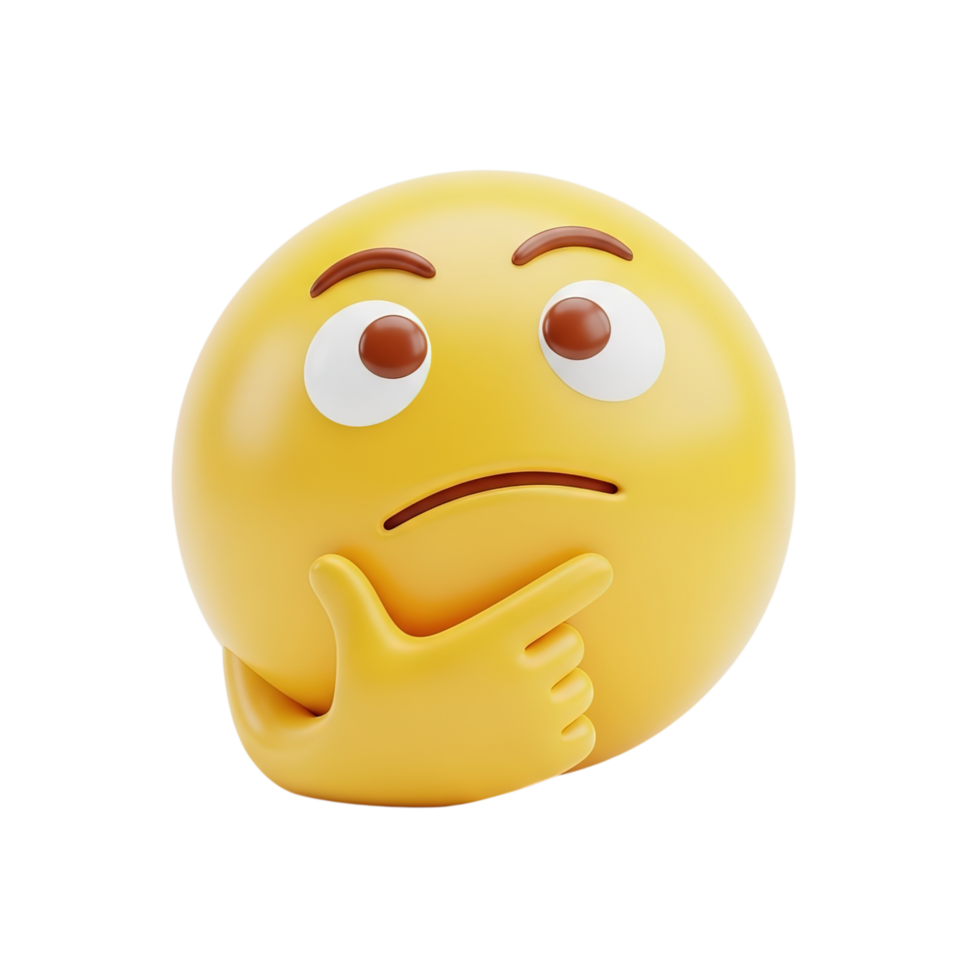 Yellow thinking face emoji character with hand on chin contemplating a question isolated on transparent background png