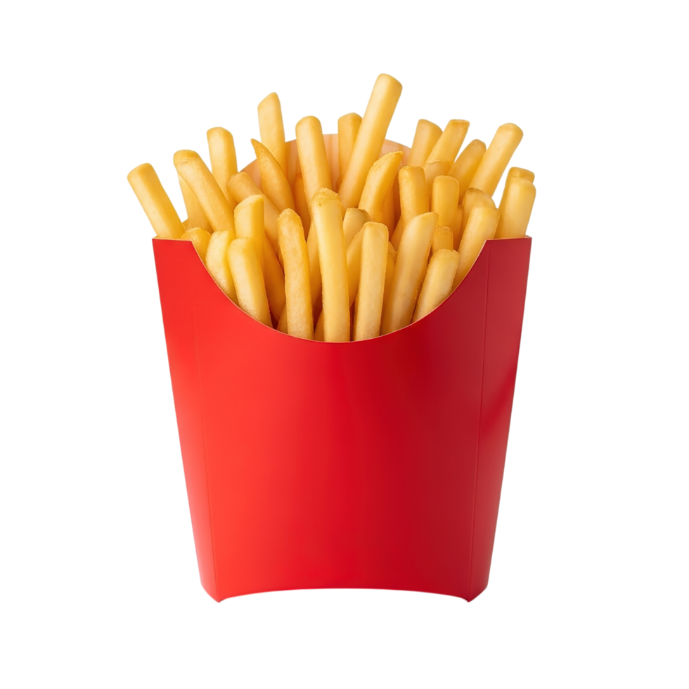 A generous portion of golden brown french fries served in a bright red paper carton isolated on transparent background png