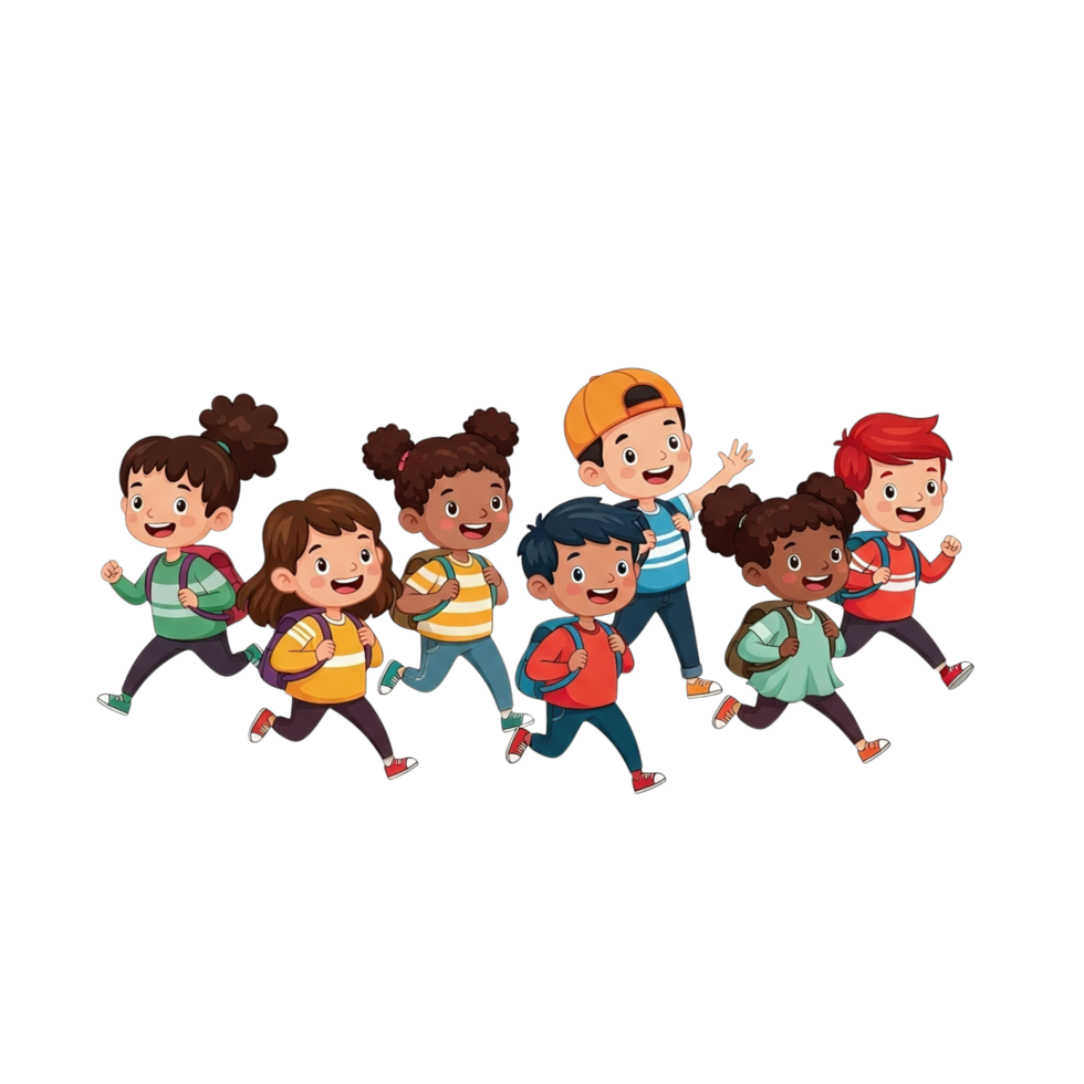 Diverse group of happy cartoon children running together with backpacks on transparent background png