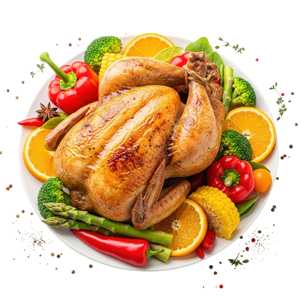 Deliciously roasted whole chicken adorned with fresh vegetables and citrus slices isolated on transparent background png