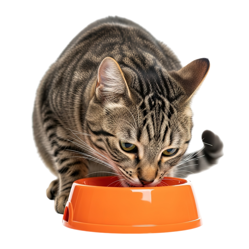 A tabby cat eating from an orange bowl on transparent background png
