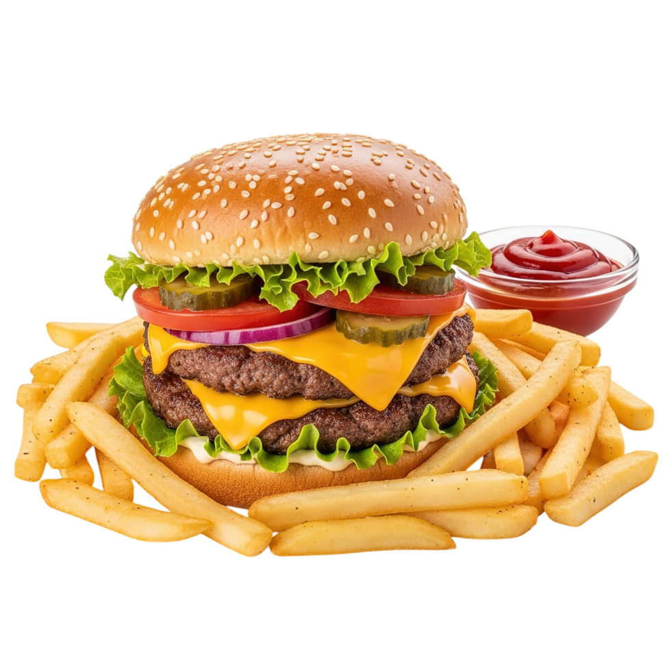 Delicious double cheeseburger with lettuce tomato onion pickles and a side of french fries and ketchup isolated on transparent background png
