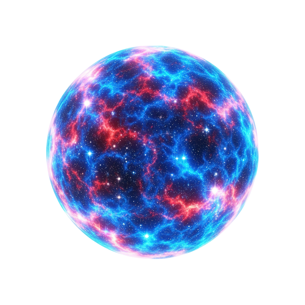 Vibrant cosmic nebula sphere with glowing blue and red energy patterns isolated on transparent background png