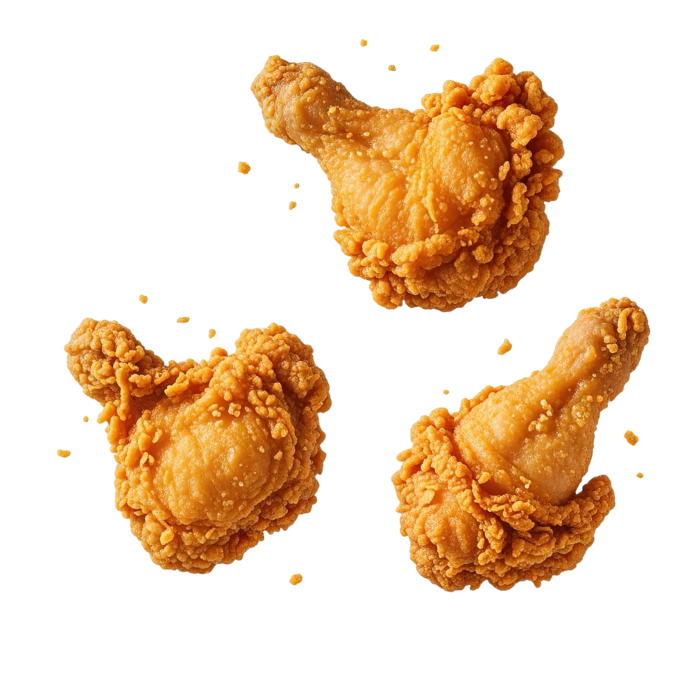 Three pieces of crispy golden fried chicken drumsticks and thighs with a light dusting of spices isolated on transparent background png