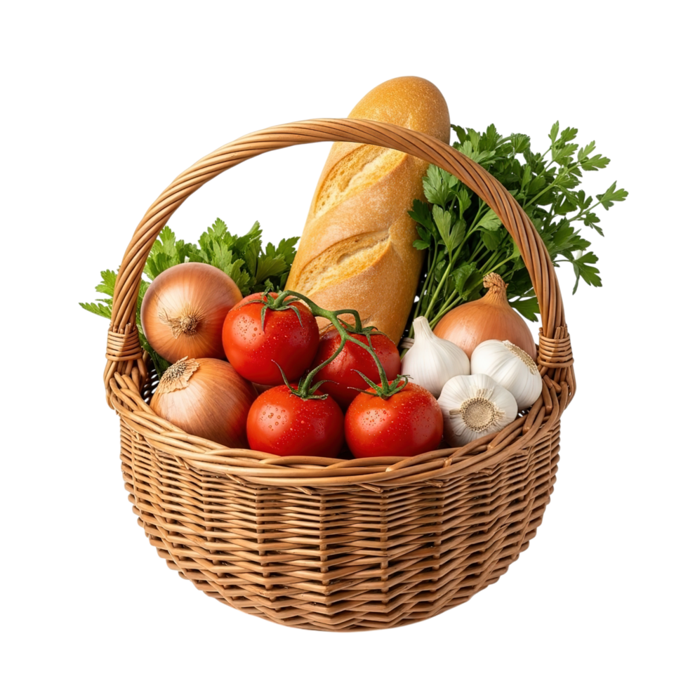 A woven wicker basket overflowing with fresh produce including tomatoes onions garlic a baguette and parsley isolated on transparent background png