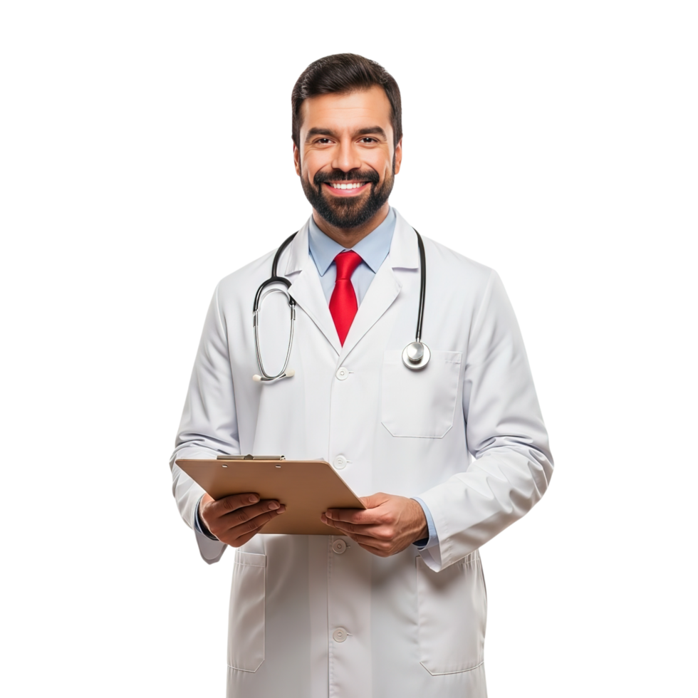 Smiling male doctor wearing a white lab coat and stethoscope holding a clipboard isolated on transparent background png