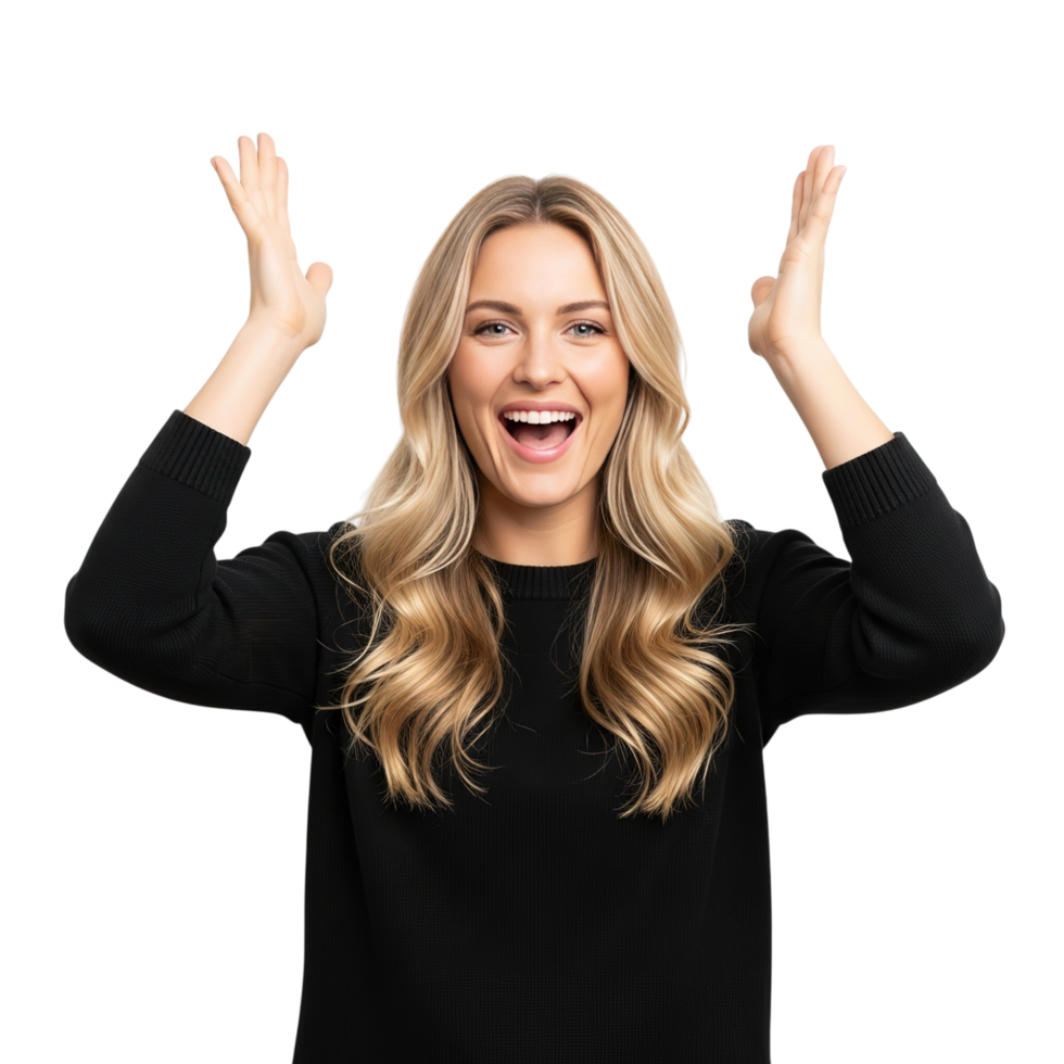 Excited young woman with blonde wavy hair raising her hands in celebration isolated on transparent background png