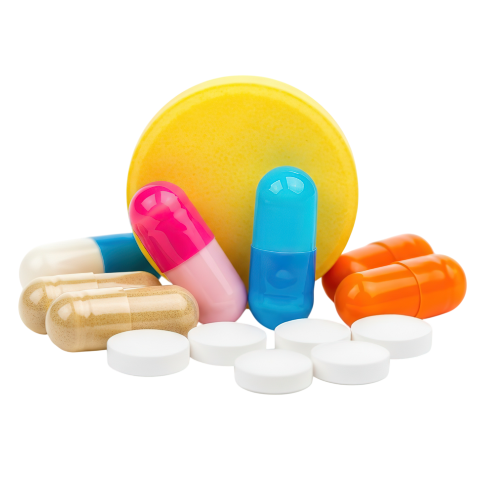 Assortment of colorful medical capsules and white pills arranged together on a white surface isolated on transparent background png